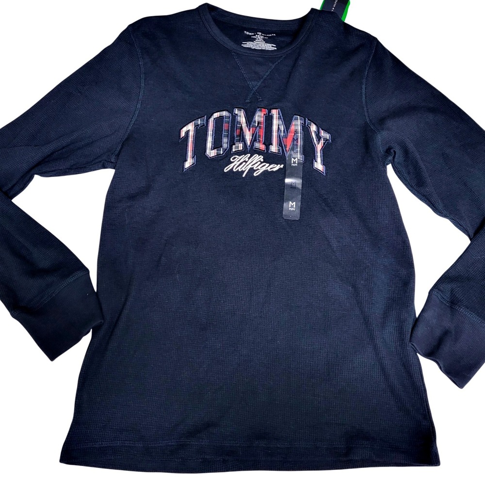 Tommy Hilfiger Mens Navy Blue Waffle‎ Knit Thermal Long Sleeve Logo Shirt Medium